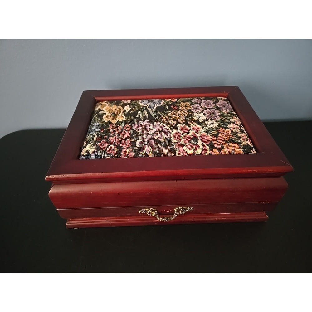 Vintage Floral Tapestry Top Wood Hinged Jewelry Box Pink Velvet Lining READ
